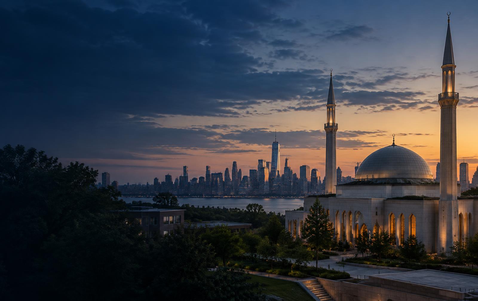 New York skyline beyond contemporary Islamic architecture